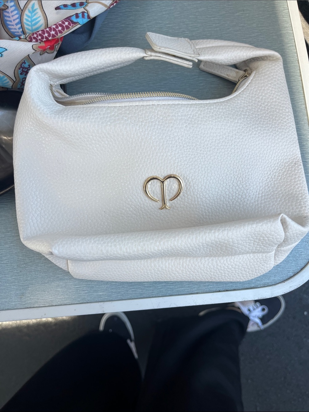 White Pebbled Leather Shoulder Bag with Gold Accent